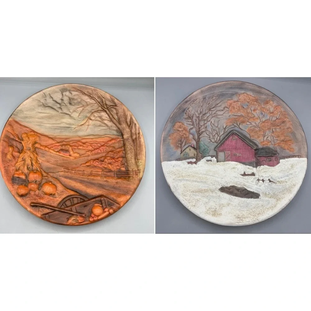 Vtg 2 Pc‎ Byron Mold Seasons Fall Hand Painted 3D Autumn Winter Scene Wall Decor